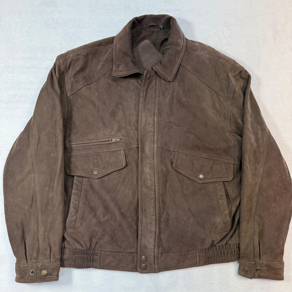 Vintage Roundtree & Yorke Mens L Brown Leather Bomber Jacket Wool Plaid Lined